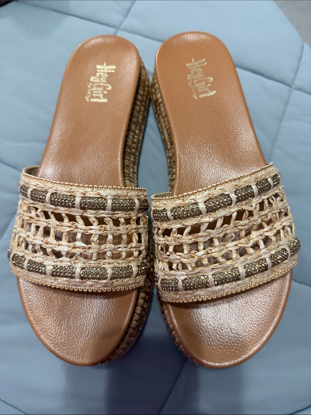 Hey Girl by Corkys Woven Slide Sandals in Tan and Gold